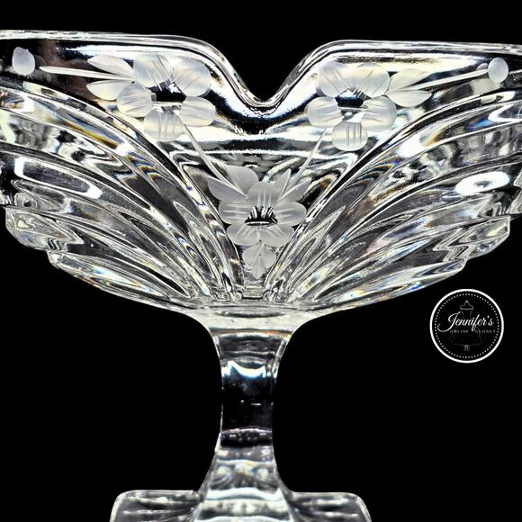 Vintage Hand Cut Frosted Etched Floral Crystal Square Pedestal Compote Dish - Picture 3 of 16